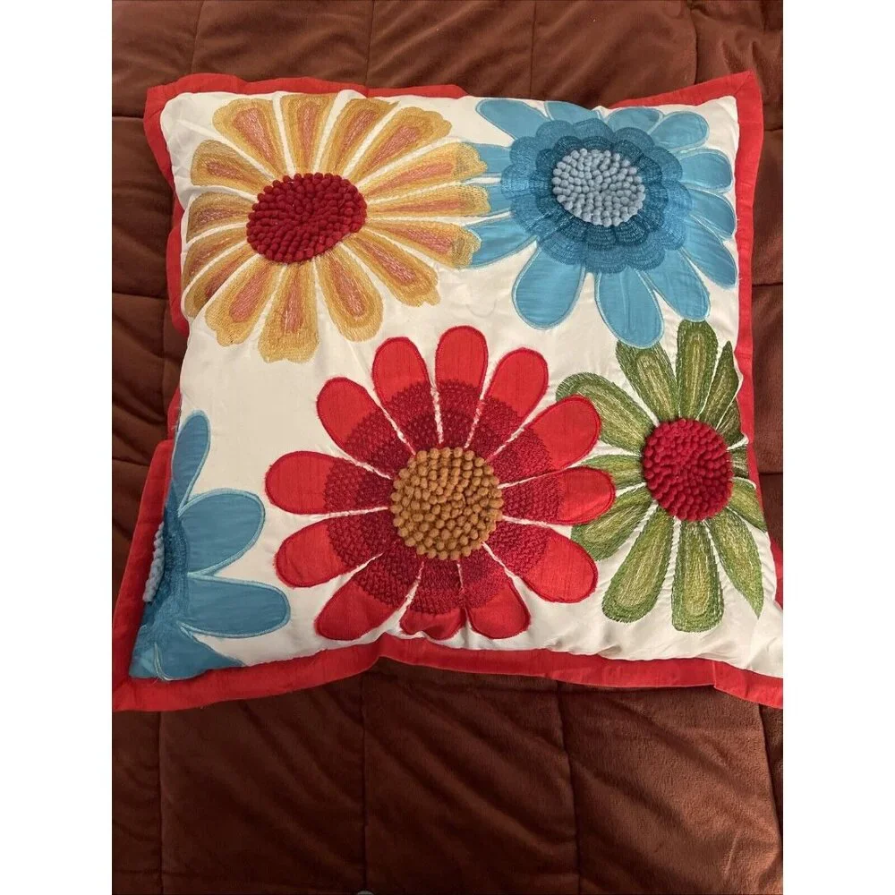Pier 1 Embroidered Floral Appliqué Case Only Red‎ Blue Green Yellow 18X 18 Satin